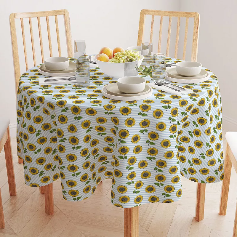 Round Tablecloth， 100% Cotton， 60 Round， Blue Stripes and Sunflowers