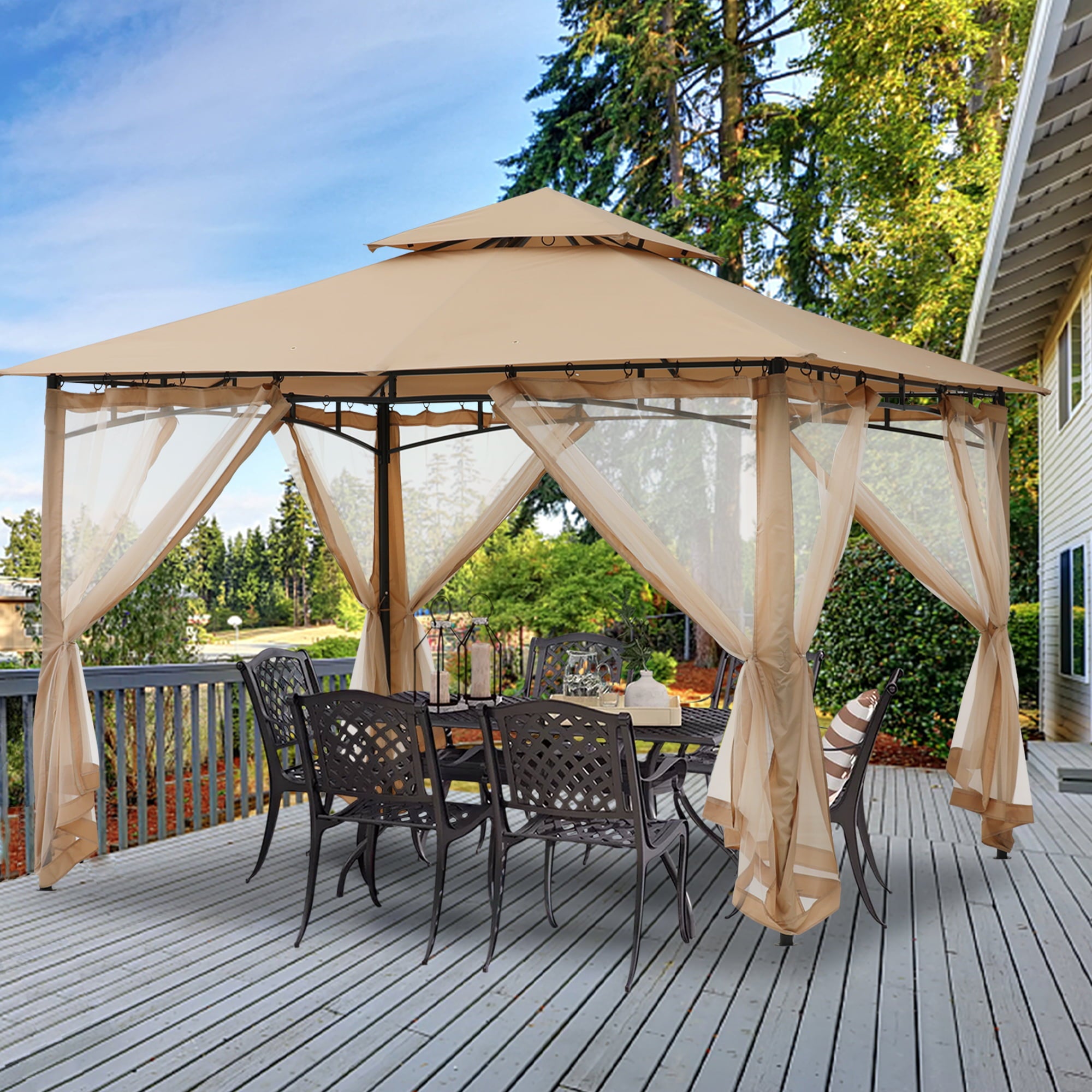 ABCCANOPY 11'x11' Patio Gazebo With Mosquito Netting and Double Soft Roof Canopies for Shade and Rain,Khaki