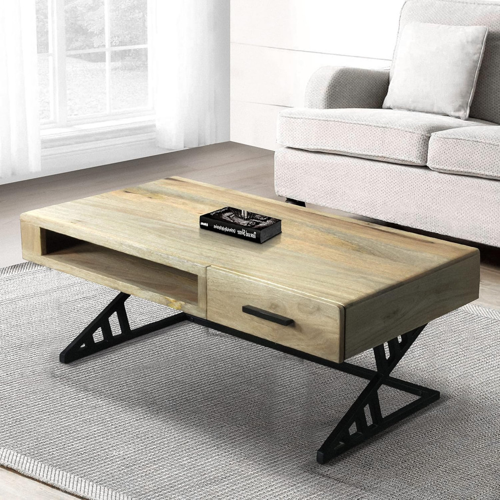 Industrial Coffee Table  Black Metal Base With Hardwood Top  ampOpen Shelf  Gray   Industrial   Coffee Tables   by Decor Love  Houzz