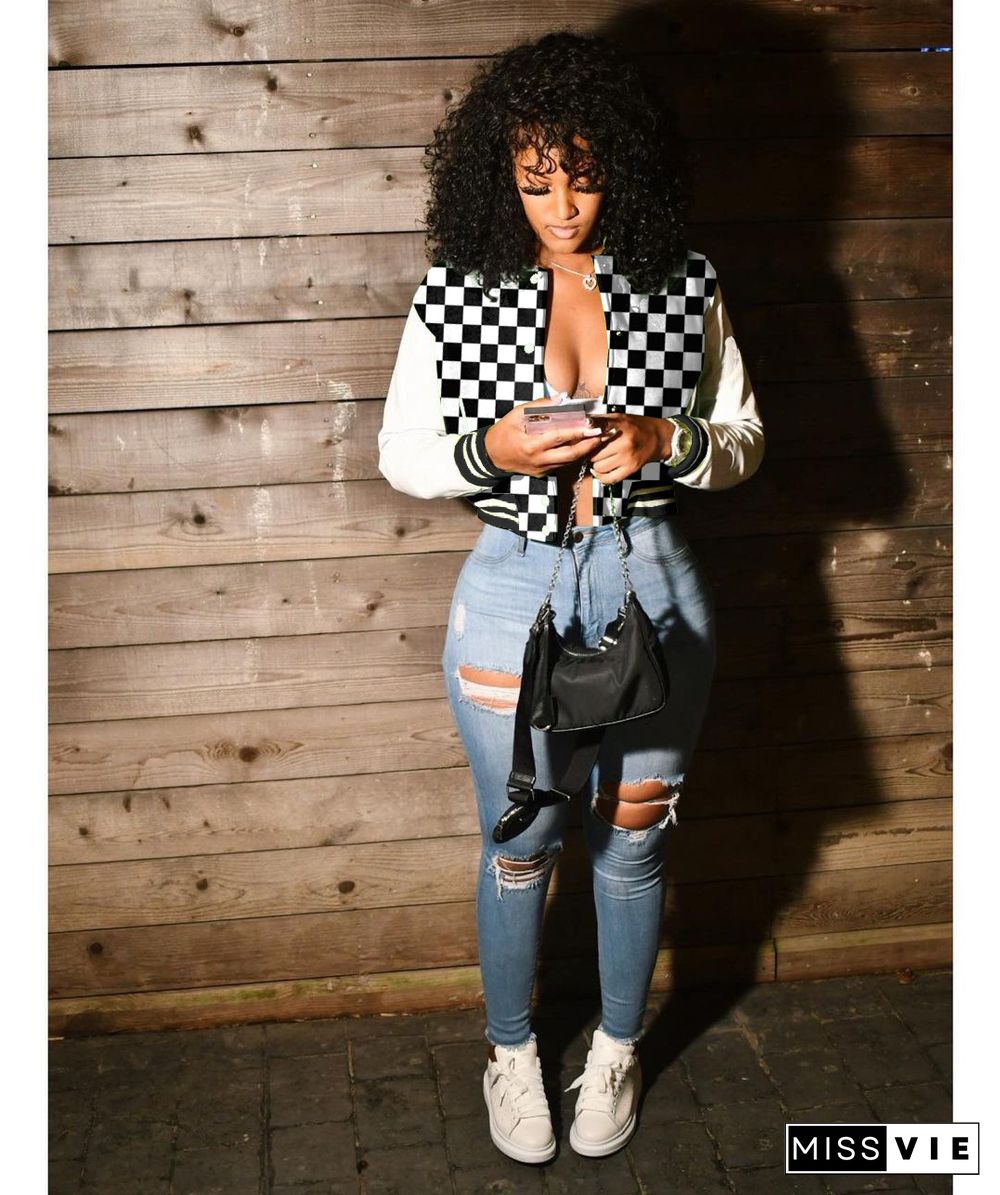 Checkerboard Print Patchwork Baseball Jacket