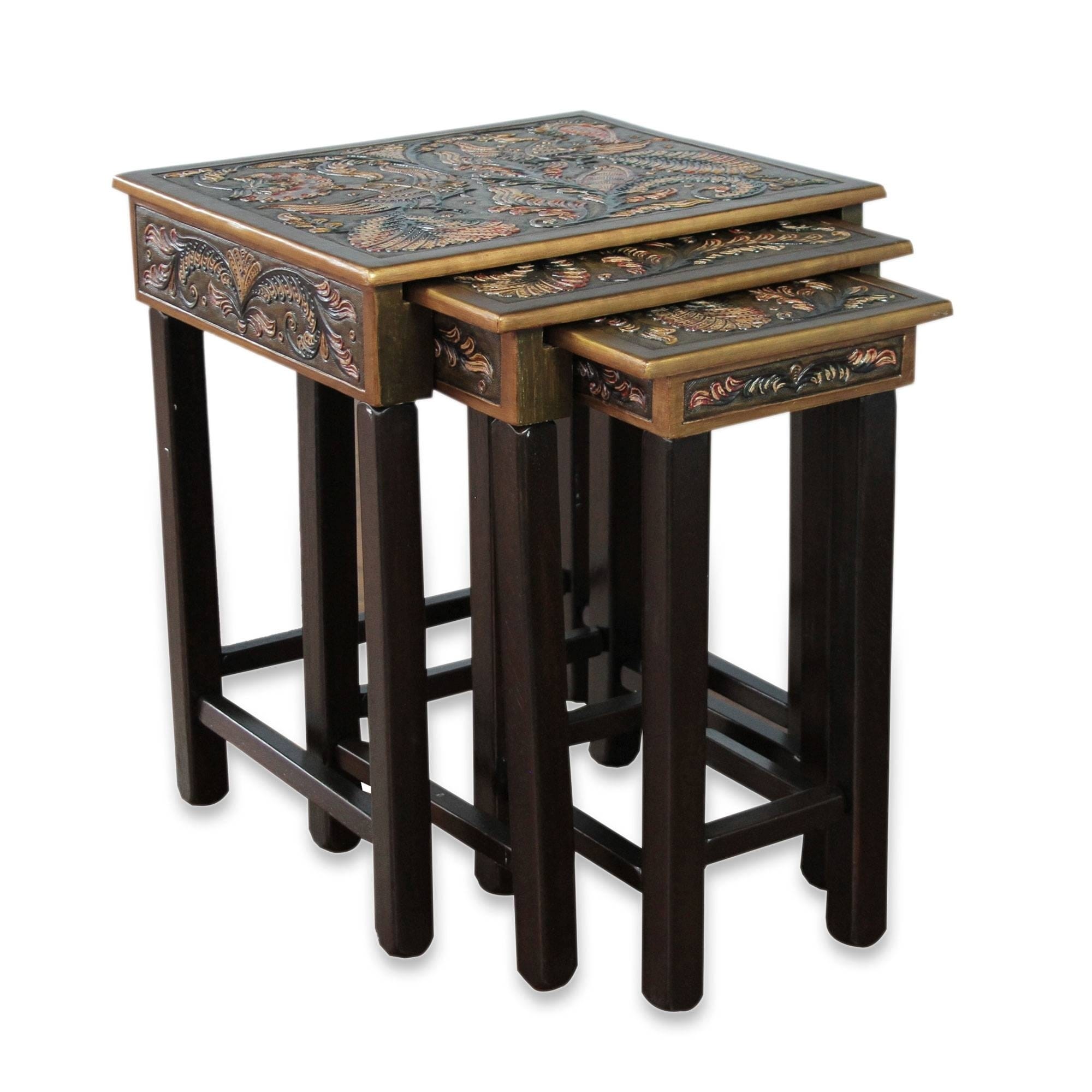 Handmade Tooled Leather Wood Side Tables， Set of 3 (Peru)