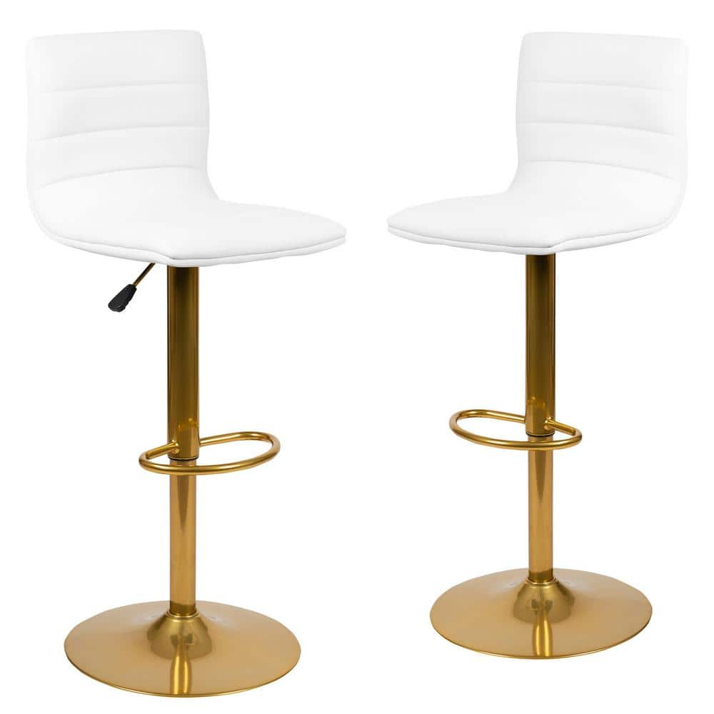 Flash Furniture Modern White Vinyl Adjustable Mid back Metal Bar Stool, Counter Height Swivel Stool with Gold Pedestal Base, Set of 2 863-2-CH-92023-1-WH-G-GG