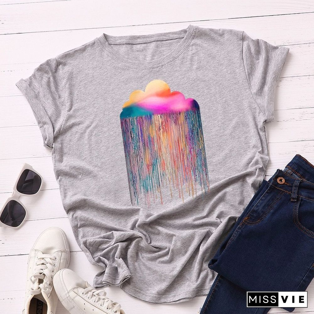 JCGO Summer Cotton Women T Shirt S-5XL Versatile Colorful Cloud Print Short Sleeve Tees Tops Casual Simple O-Neck Female TShirts