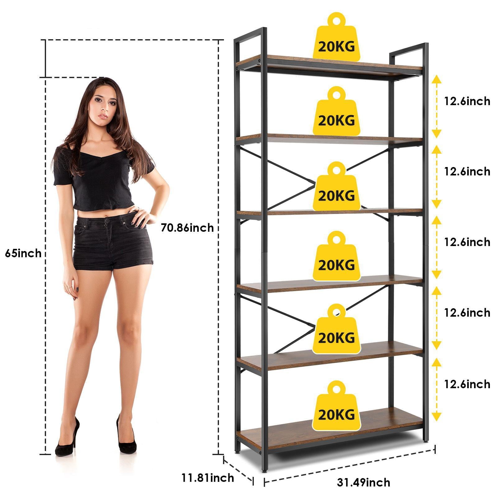 6 Tier Bookshelf Industrial Book Shelves Wall Storage Organizer Wooden Bookcase, Adjustable Metal Wood Shelving Unit Rack with Feet Pad for Home Office Kitchen Bathroom Study Room