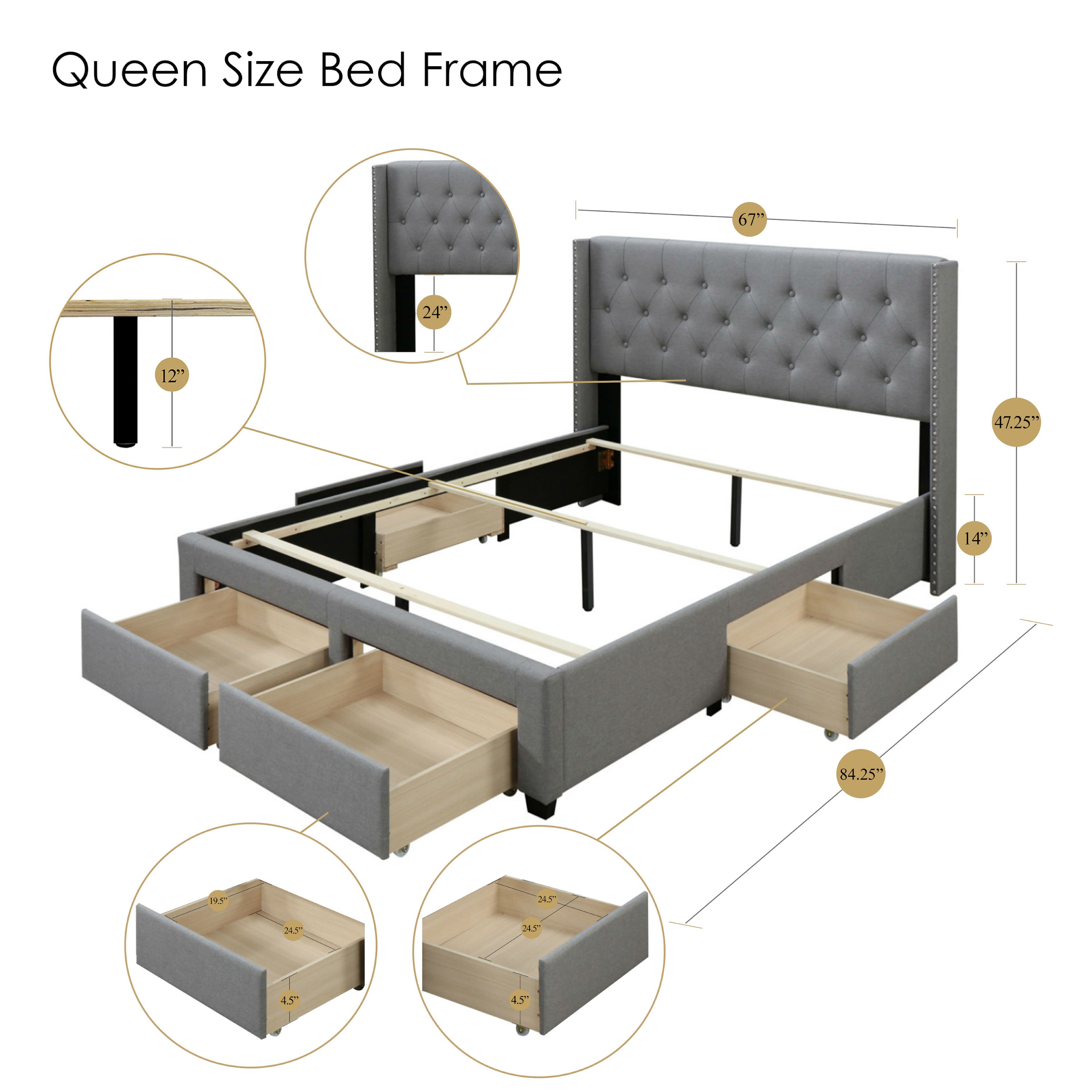 DG Casa Bardy Diamond Tufted Upholstered Panel Bed Frame with Storage Drawers and Nailhead Trim Wingback Headboard, Queen Size in Grey Fabric