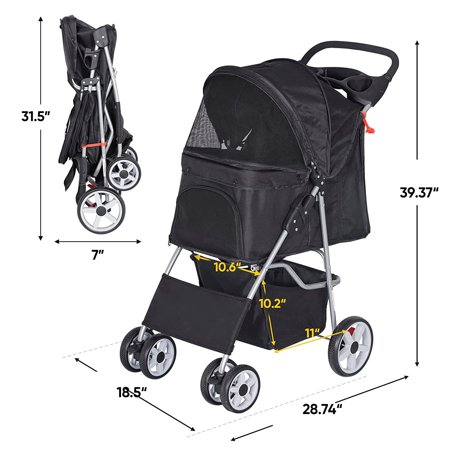 Foldable Pet Stroller， Cat/Dog Stroller with 4 Wheel， Pet Travel Carrier Strolling Cart with Storage Basket， Cup Holder， Black