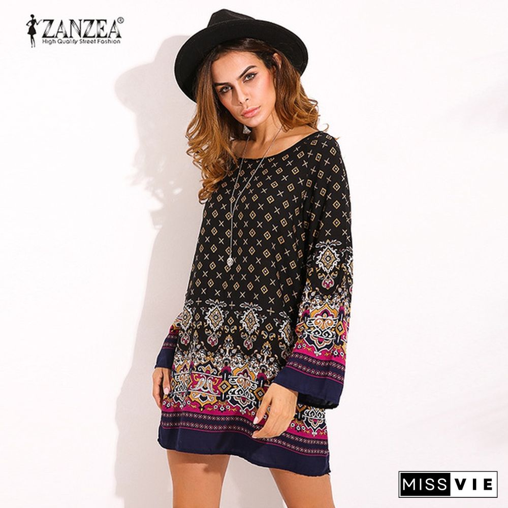 Zanzea Women Round Neck Floral Print Mini Dress Boho Ladies Casual Loose Long Tops Shirt Blouse