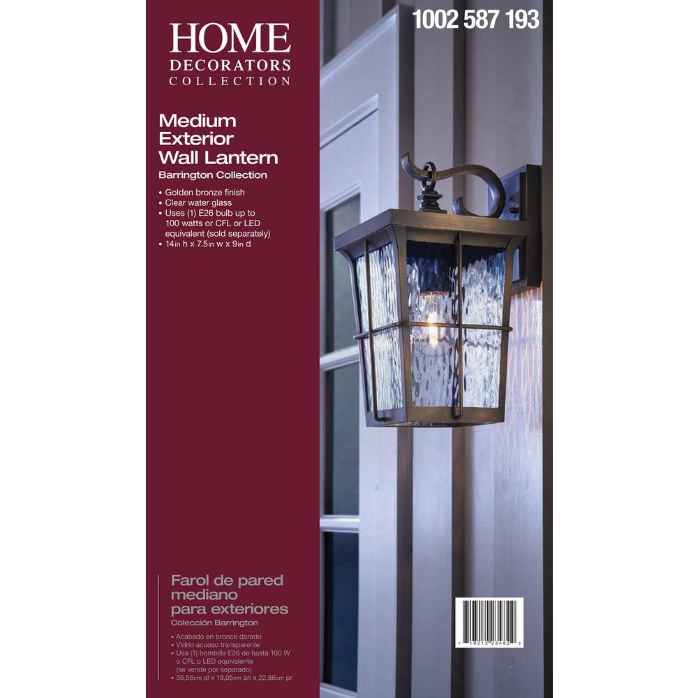 Home Decorators Collection Barrington 1-Light Golden Bronze Outdoor 14 in. Wall Lantern Sconce with Clear Water Glass 23482