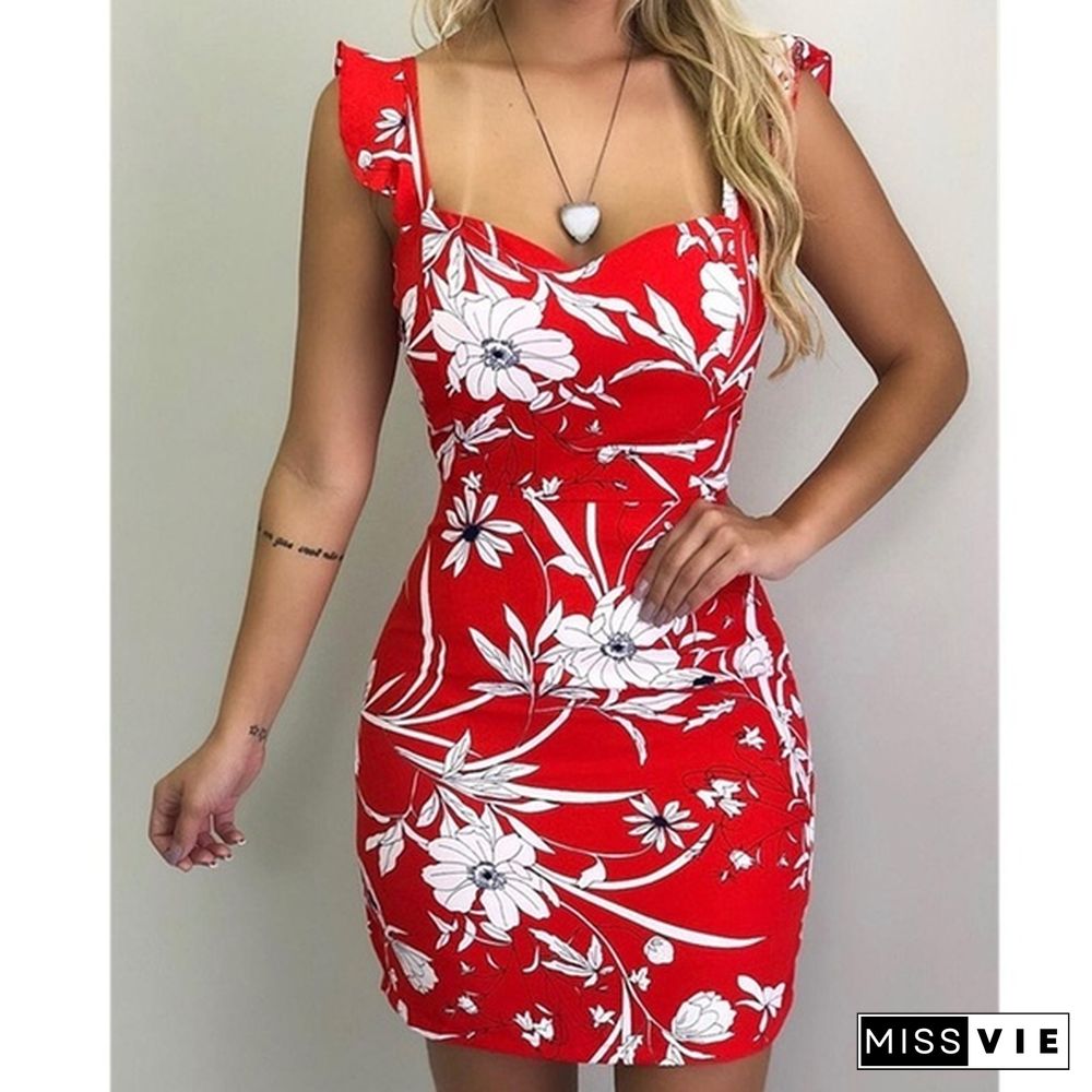 Women's Fashion Summer Sleeveless Floral Print Backless Dress Bodycon Dress