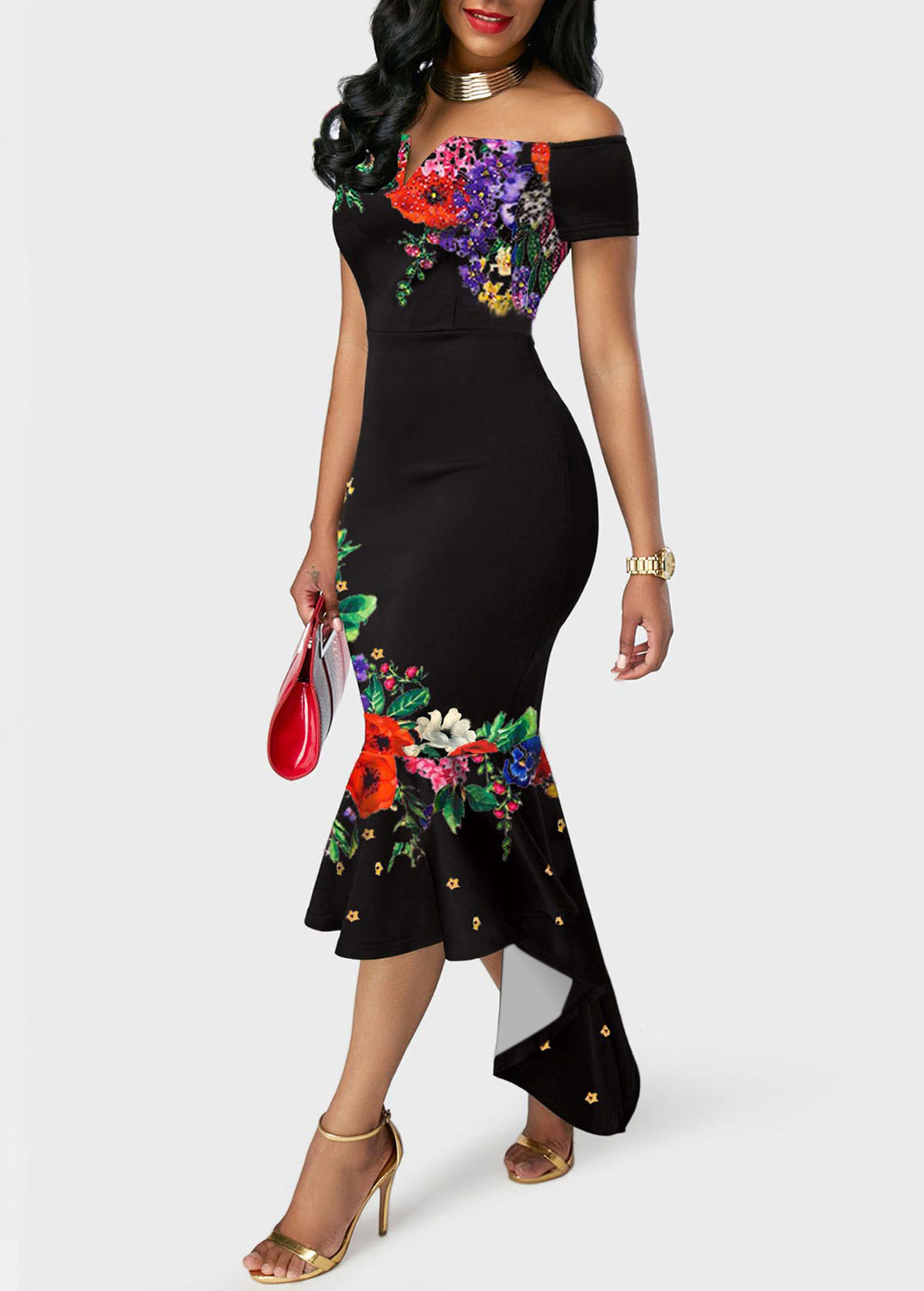 Floral Print Off the Shoulder Black Mermaid Dress