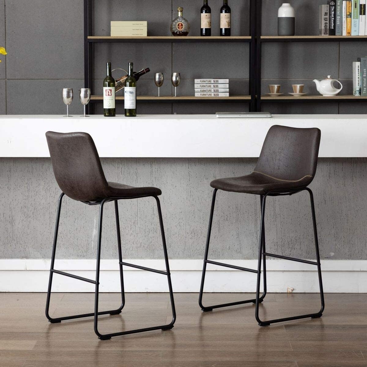 Home Beyond Set of 2 Pcs Synthetic Leather Upholstered Barstools Armlesss with Metal Frame UC-13HB