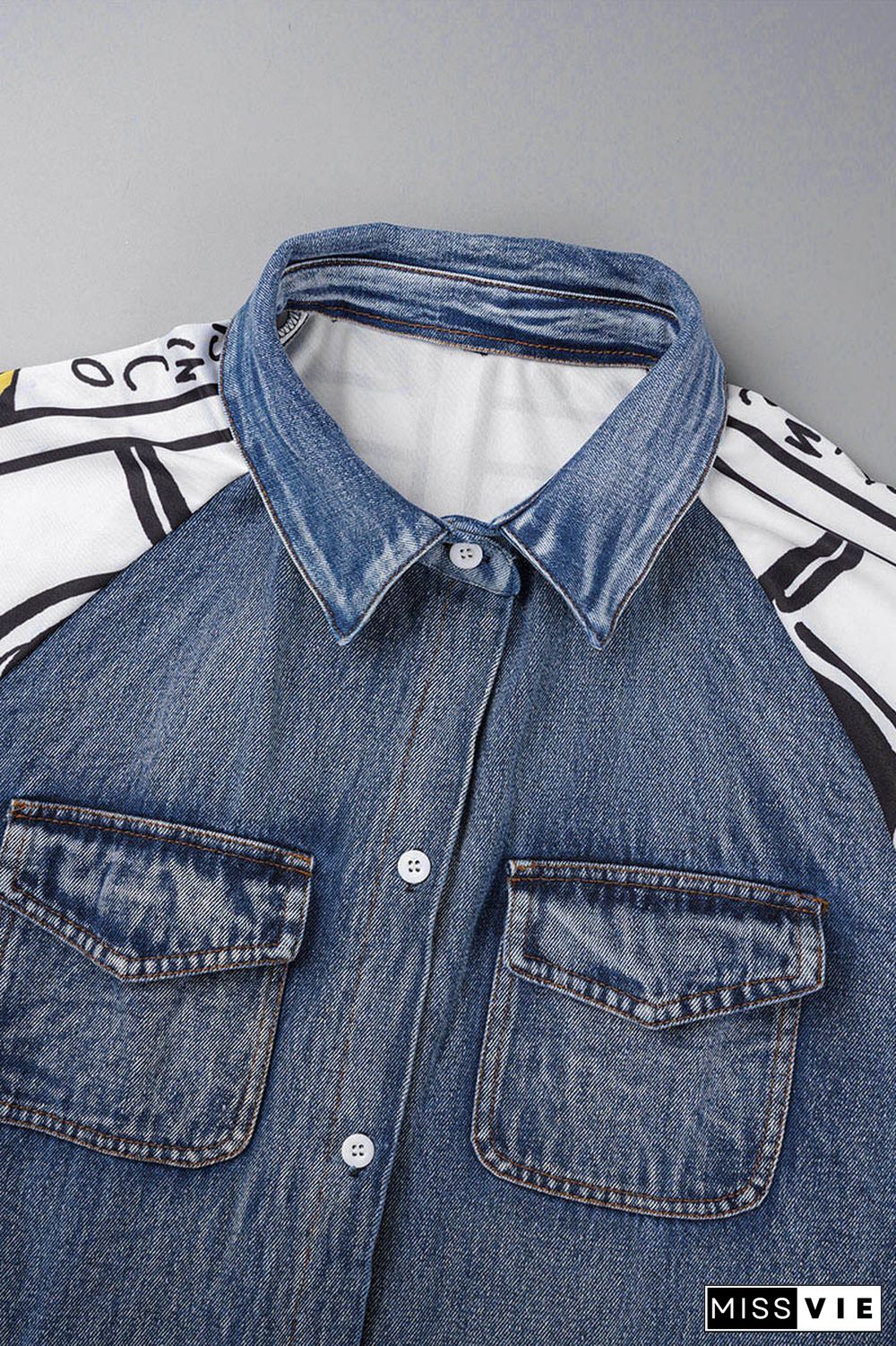 The cowboy blue Casual Print Patchwork Turndown Collar Long Sleeve Regular Denim Jacket