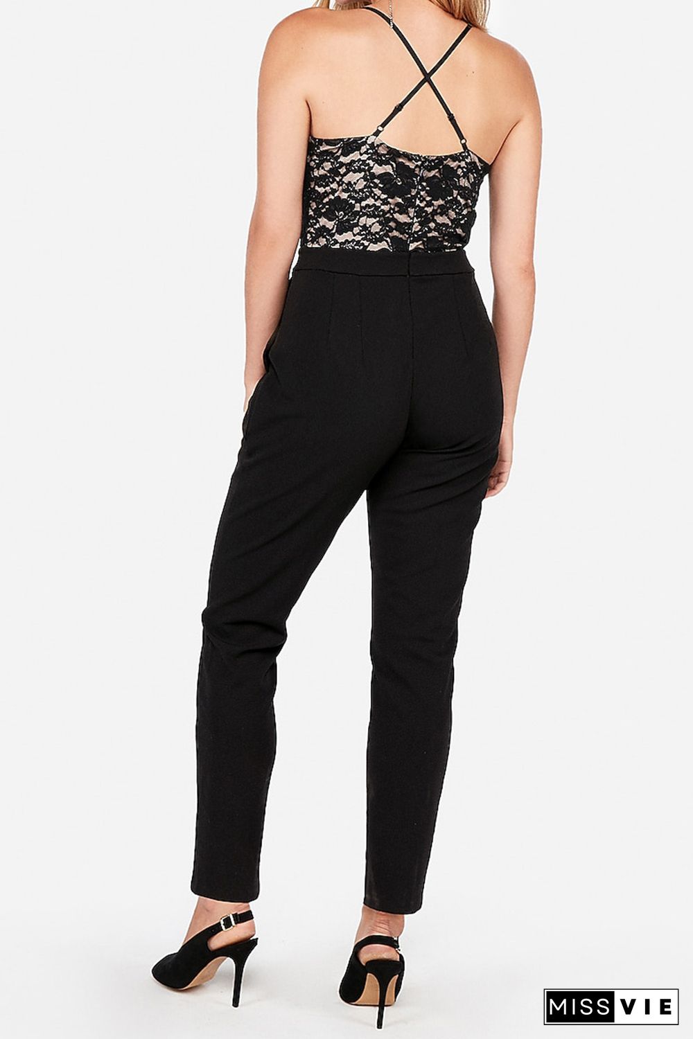 Black Spaghetti Straps Lace Bodice High Waist Jumpsuit