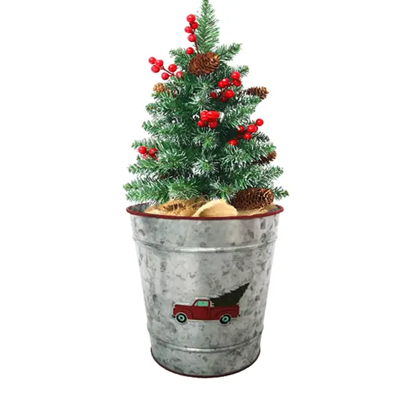 Christmas metal bucket holiday red galvanized truck Milu deer wishes gift decoration