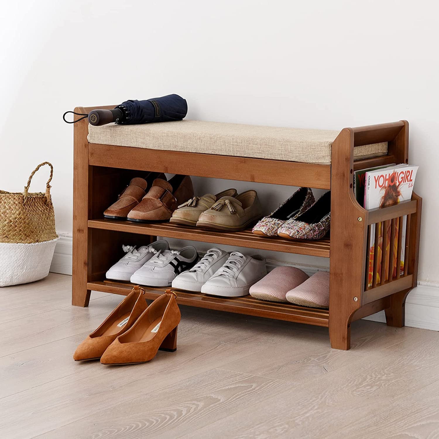 OUKANING 2-Tier Shoe Bench Shoe Storage Bench Rack Entryway Shoe Stool with Soft Seat