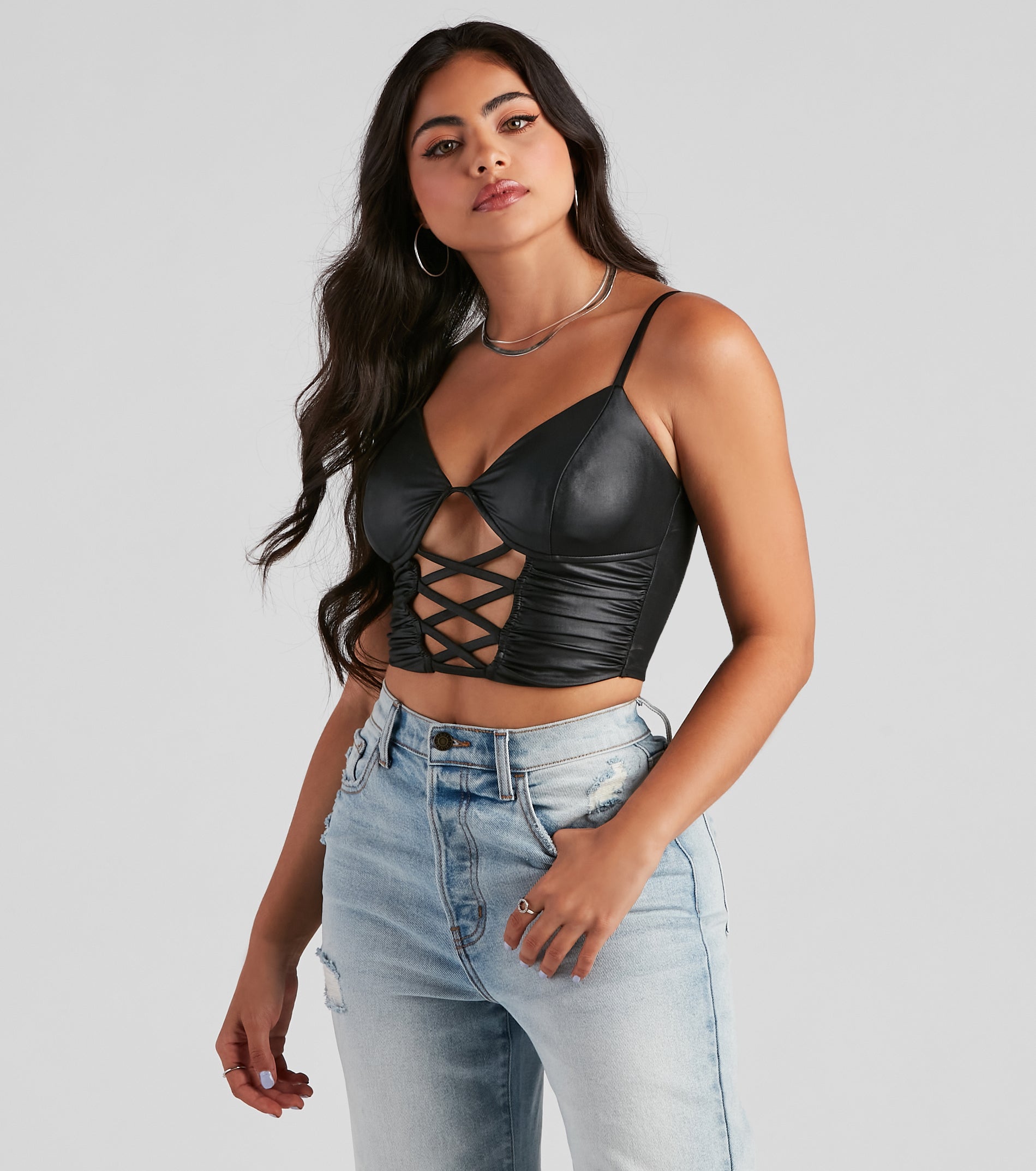 Late Night Faux Leather Lattice Crop Top