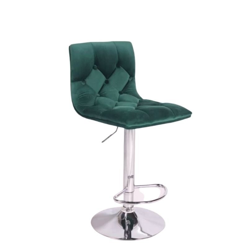 Upholstered stool in green colour and Adjustable height， Stainless steel base swivel 360°. Set of 4