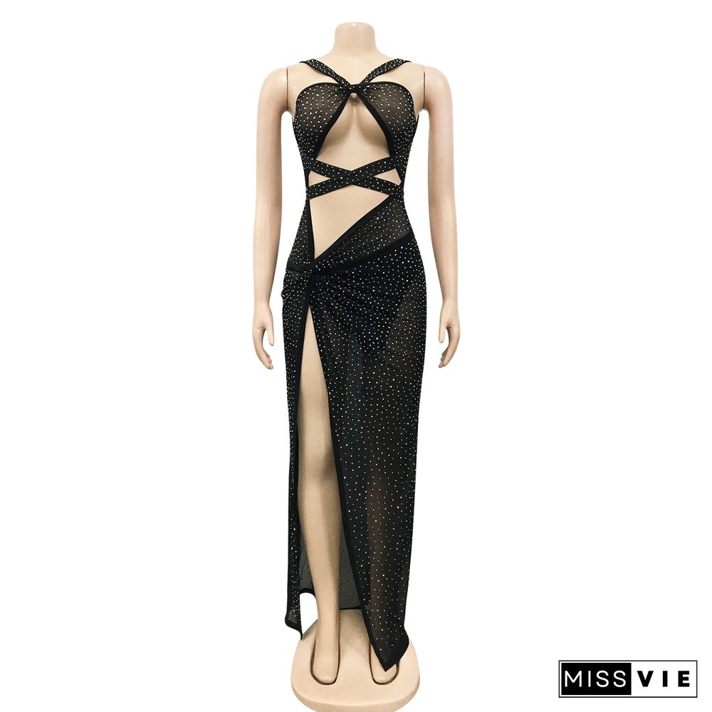 Sexy Mesh Hot Drill Sling Hollow Slit Dress