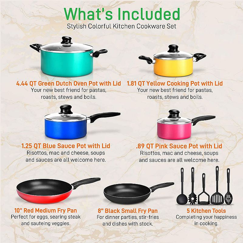 Nutrichef 15 Piece Nonstick Kitchen Pots Pans Utensils Cookware Set， Multicolor