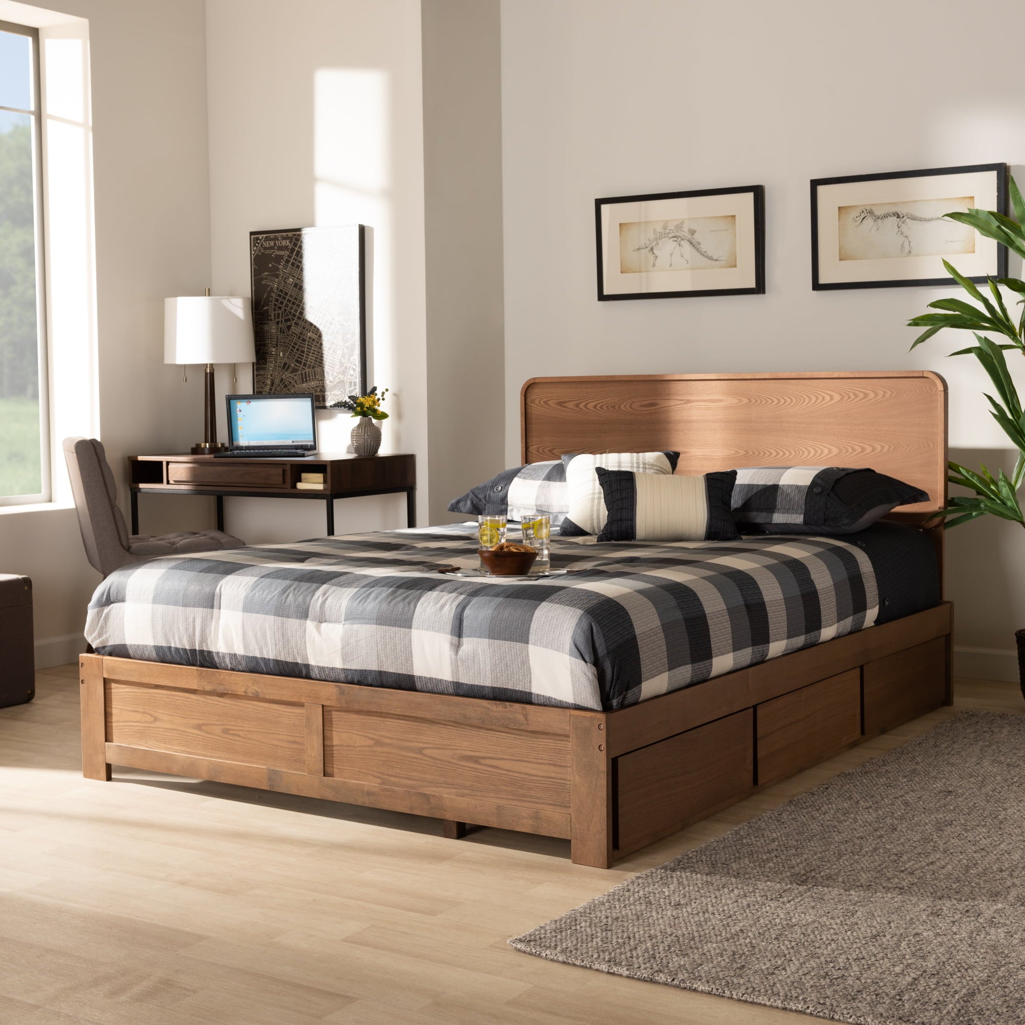 Baxton Studio Eleni Modern and Contemporary Transitional Ash Walnut Brown Finished Wood Full Size 3-Drawer Platform Storage Bed