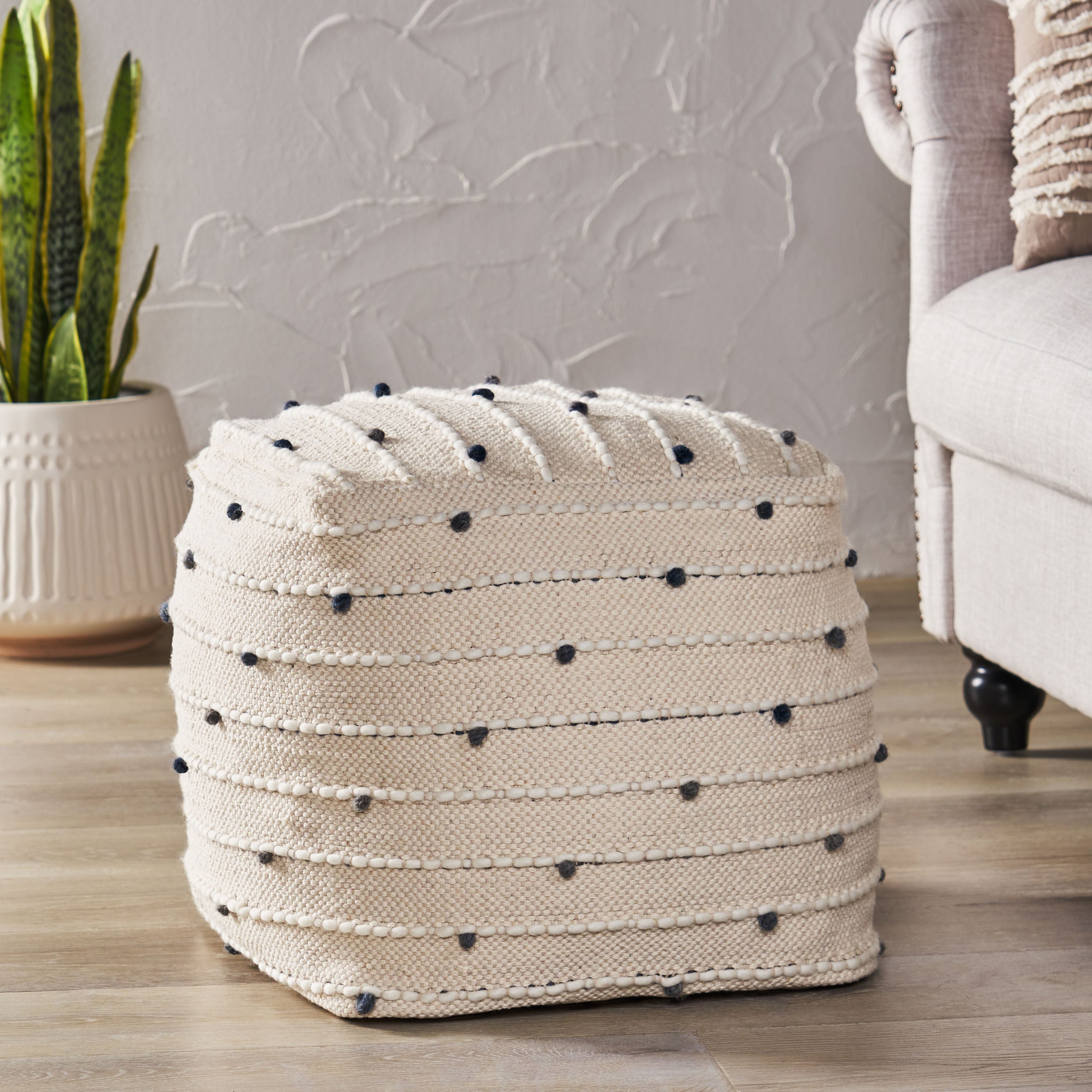 Swint Pates Boho Handcrafted Fabric Cube Pouf, Ivory and Blue