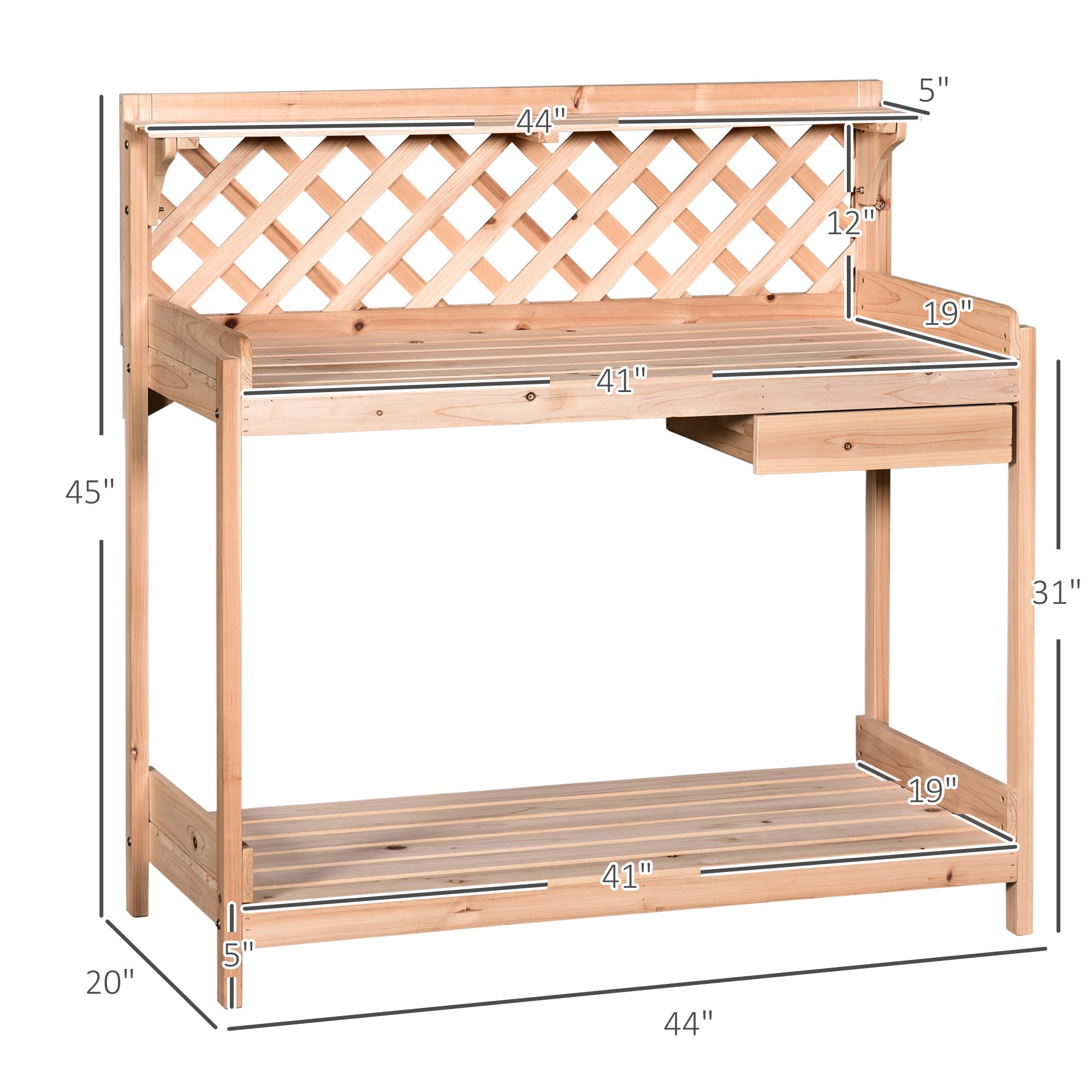 Garden Wooden Workstation Table Potting Bench with Drawer Hooks Open Shelf Lower Storage and Lattice Back for Patio Backyard Porch