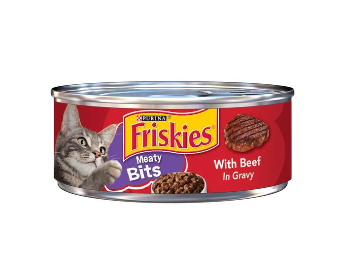 Purina Friskies Meaty Bits with Beef in Gravy Adult Wet Cat Food， 5.5 oz. Can