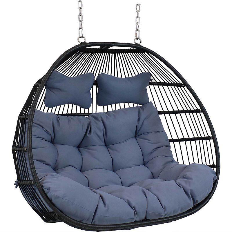 Sunnydaze Black Resin Wicker Loveseat Hanging Egg Chair with Cushion - Gray