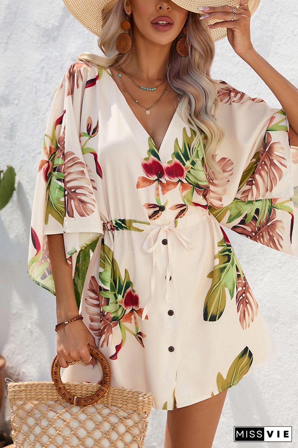 Open Button V Neck Drawstring Flare Sleeves Floral Dress