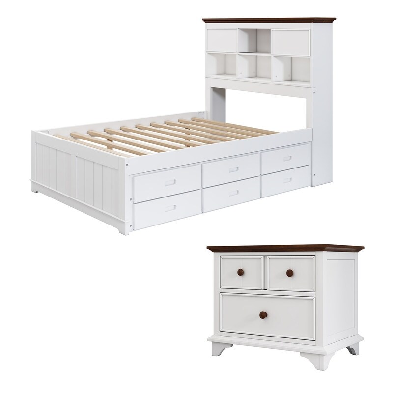 2 Pieces Wooden Captain Bedroom Set  Twin/Full Captain Platform Bed with Trundle and Nightstand