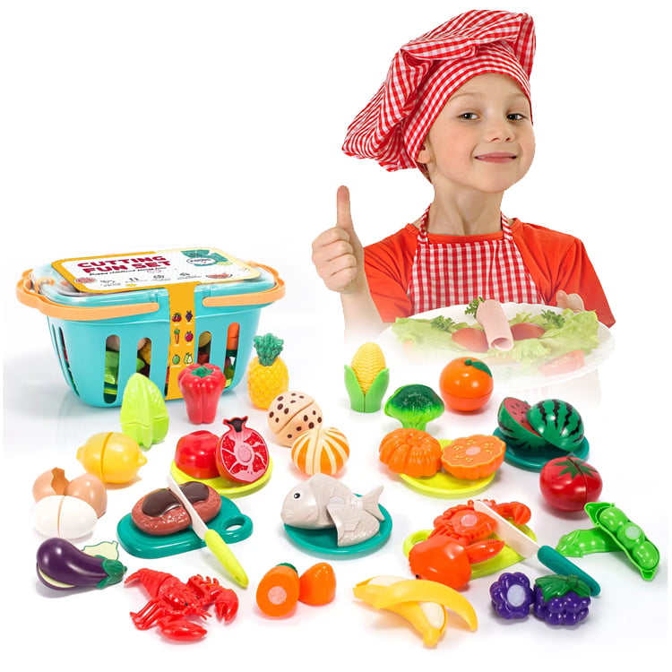 Cutting Food Play Set toys with basket， for Kids Pretend Kitchen Toys Cutting Fruits Vegetables， Food set， 33 Pieces and accessories for +3 Years Girls and Boys.