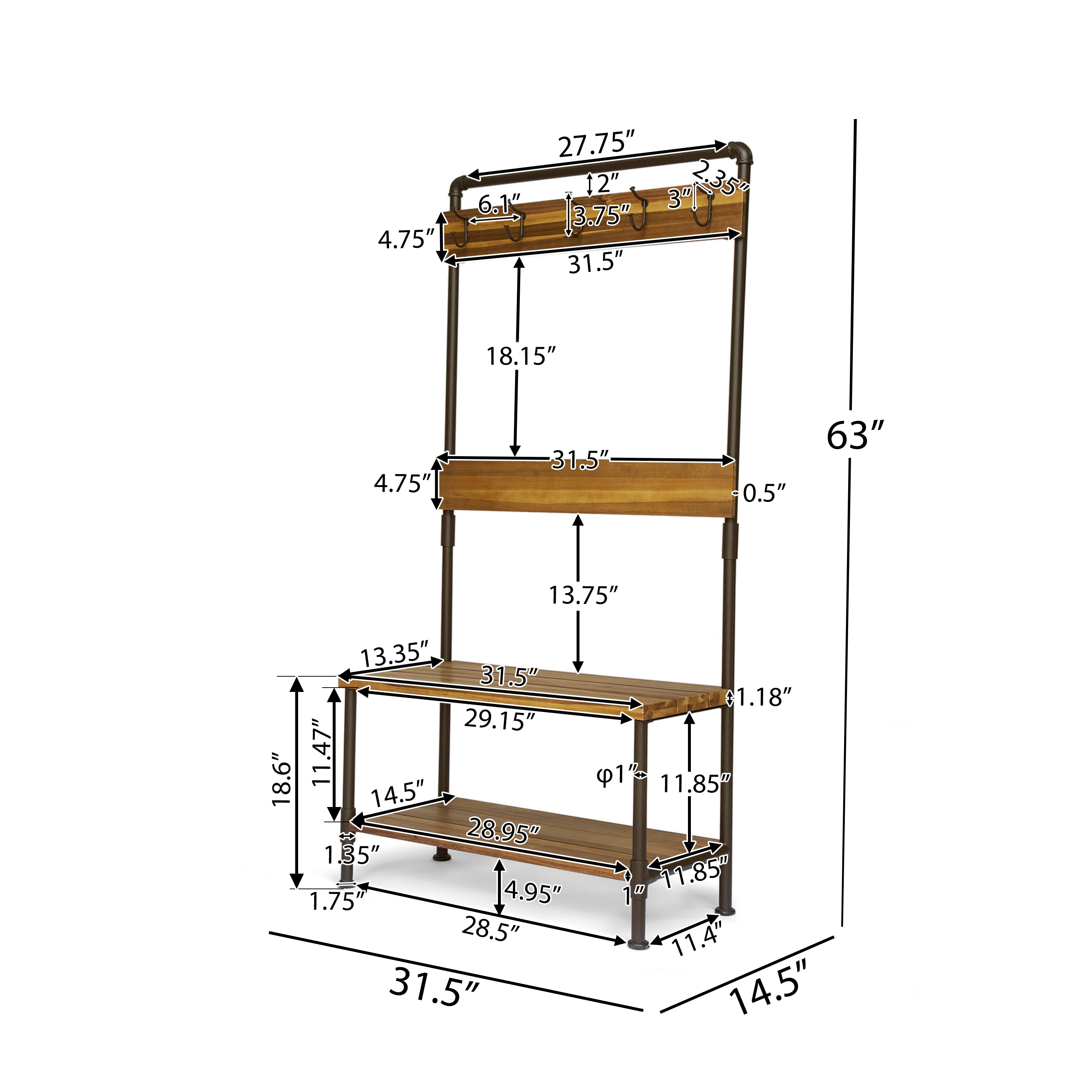 Dahl Outdoor Industrial Acacia and Iron Bench with Shelf and Coat Hooks