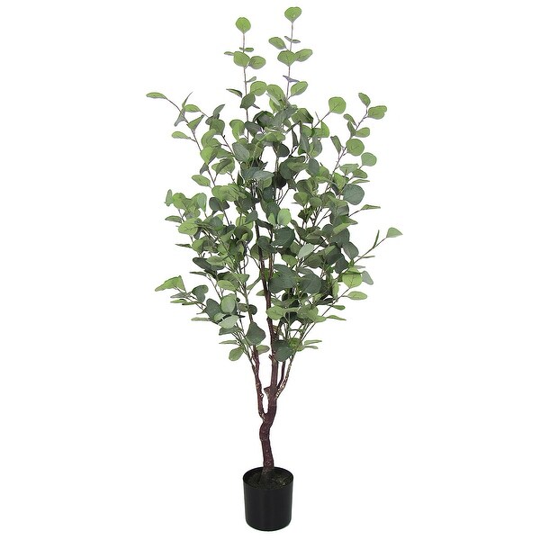 4.5ft Frosted Green Artificial Silver Dollar Eucalyptus Tree Plant in Black Pot