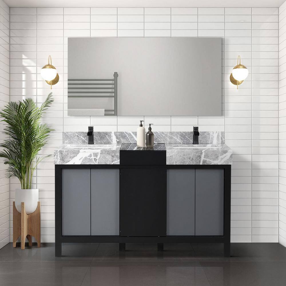 Lexora Zilara 55 in x 22 in D Black and Grey Double Bath Vanity Castle Grey Marble Top Matte Black Faucet Set 53 in Mirror LZ342255SLISM53FCM