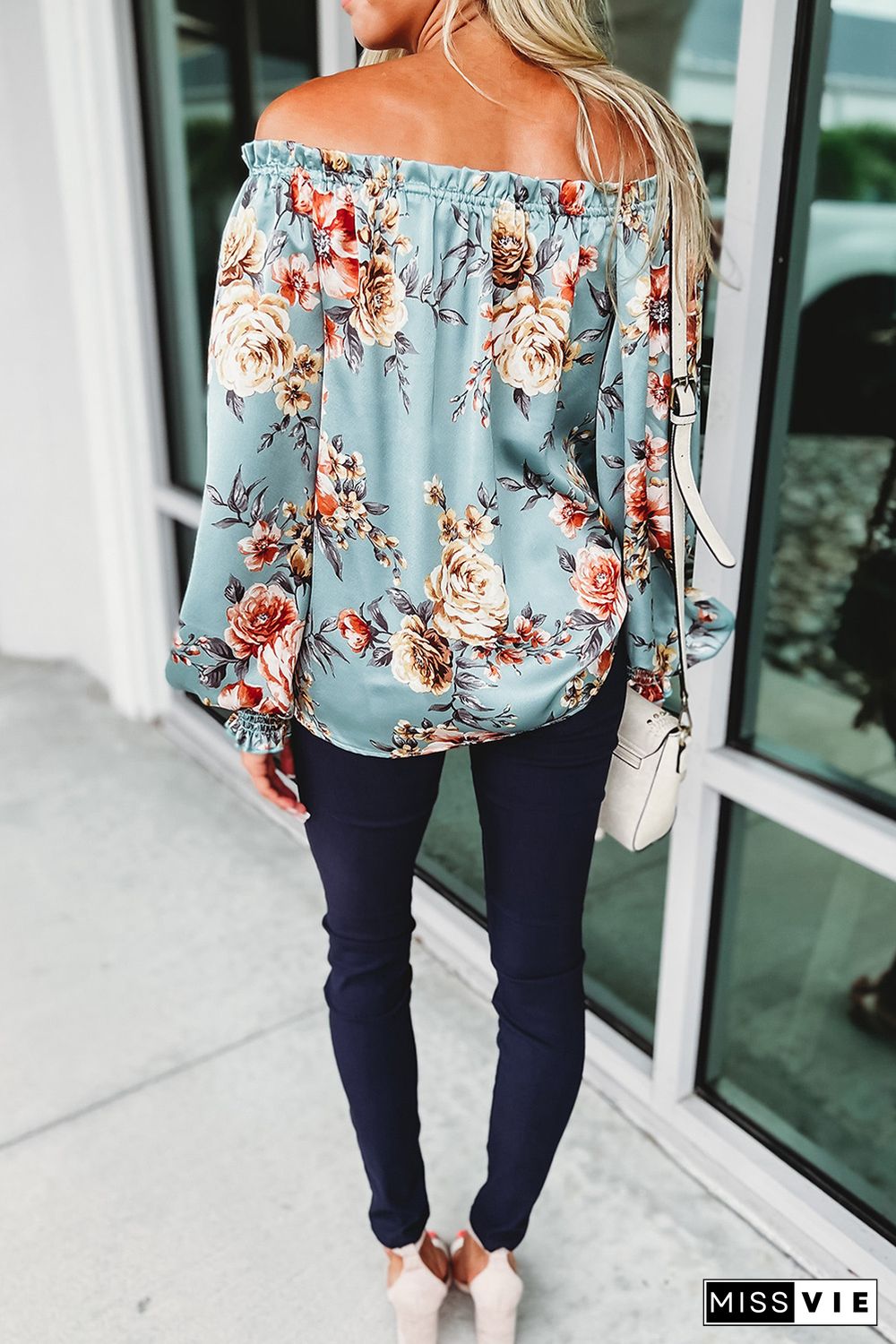 Sky Blue Ruffled Off Shoulder Long Sleeve Floral Blouse