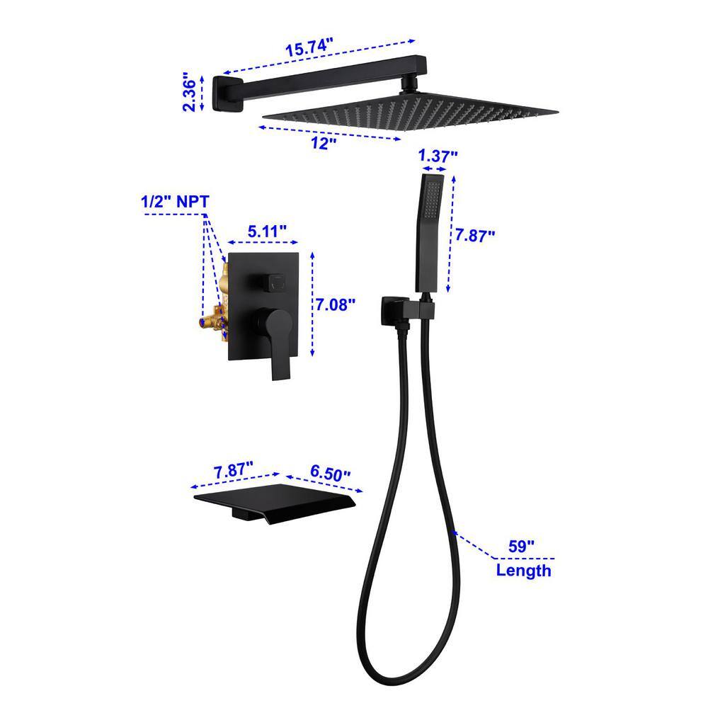 Satico Single-Handle 1-Spray Tub and Shower Faucet with Handheld Shower Combo 12 in. Rain Shower Head in Black (Valve Included) SS88014DA