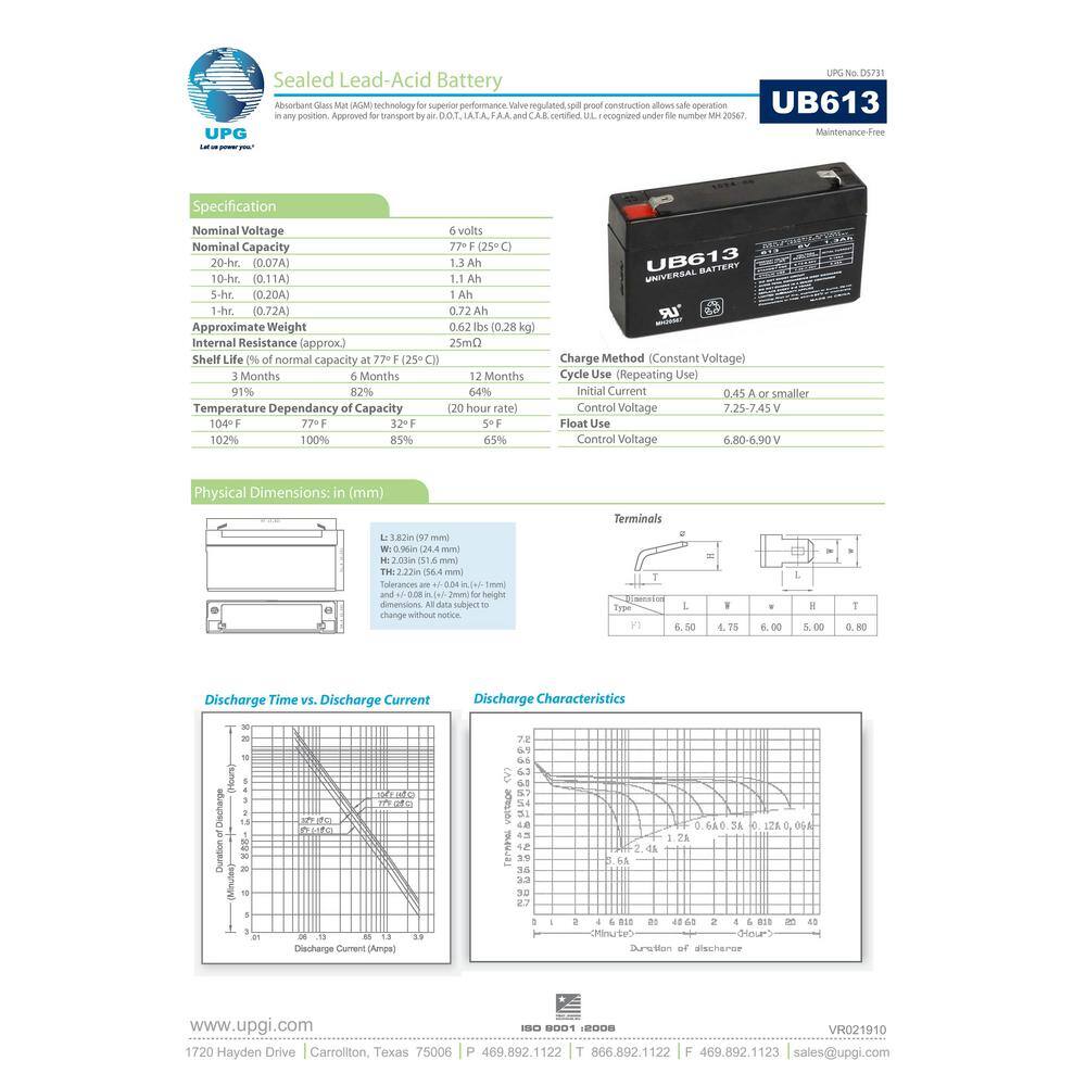UPG 6-Volt 1.3 Ah F1 Terminal Sealed Lead Acid (SLA) AGM Rechargeable Battery UB613