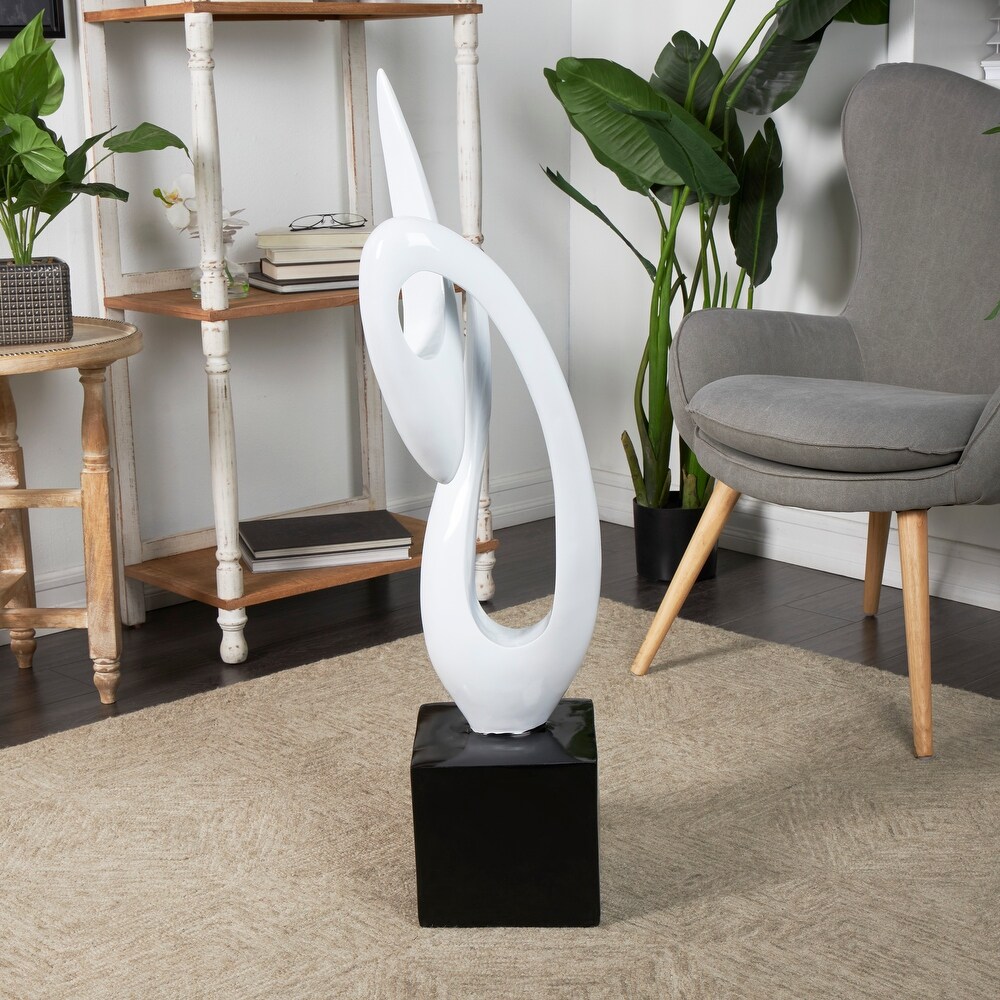 White Polystone Swirl Abstract Sculpture with Black Base