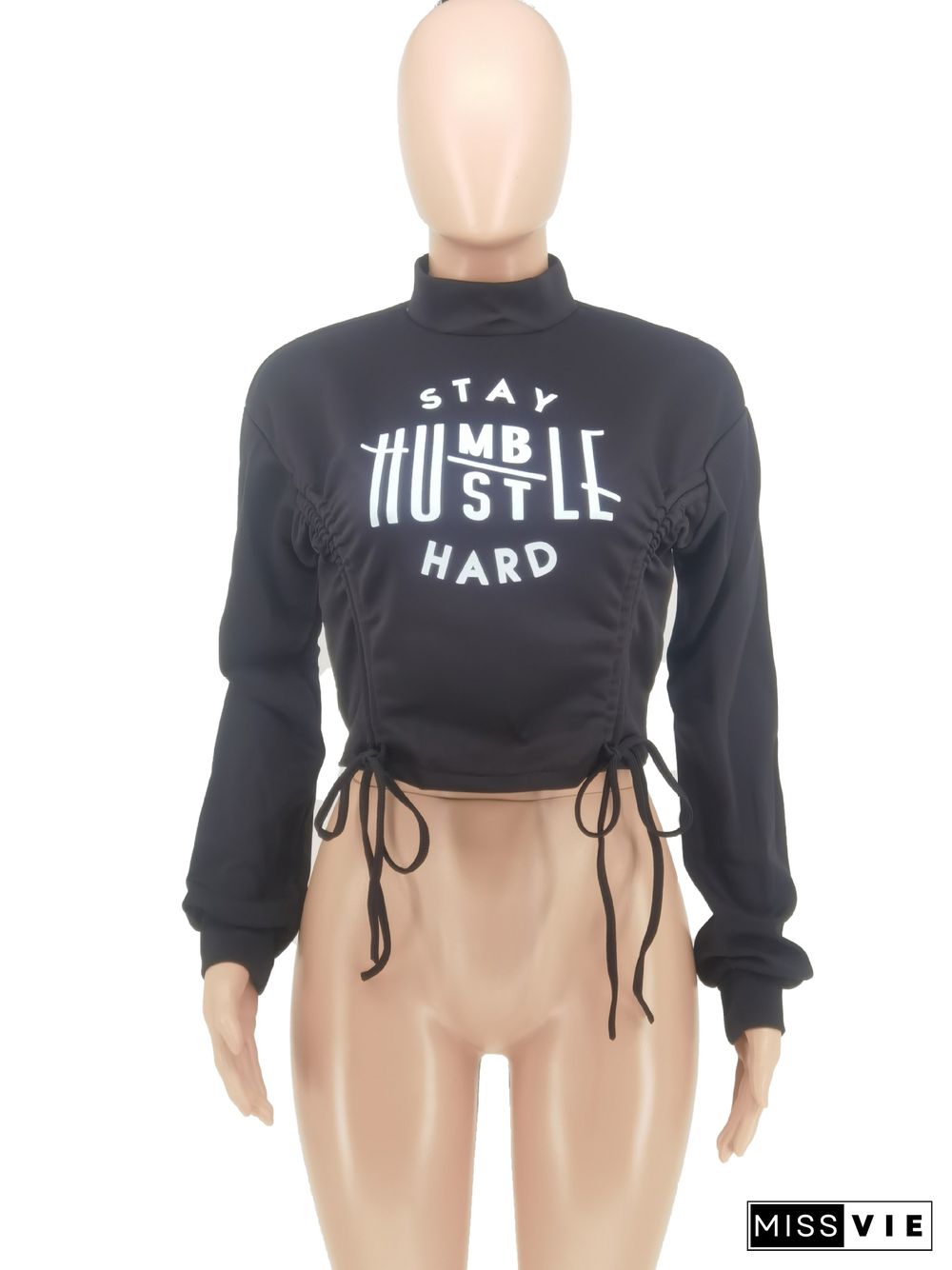 Letter Print Turtleneck Drawstring Bandage Shirt Crop Top