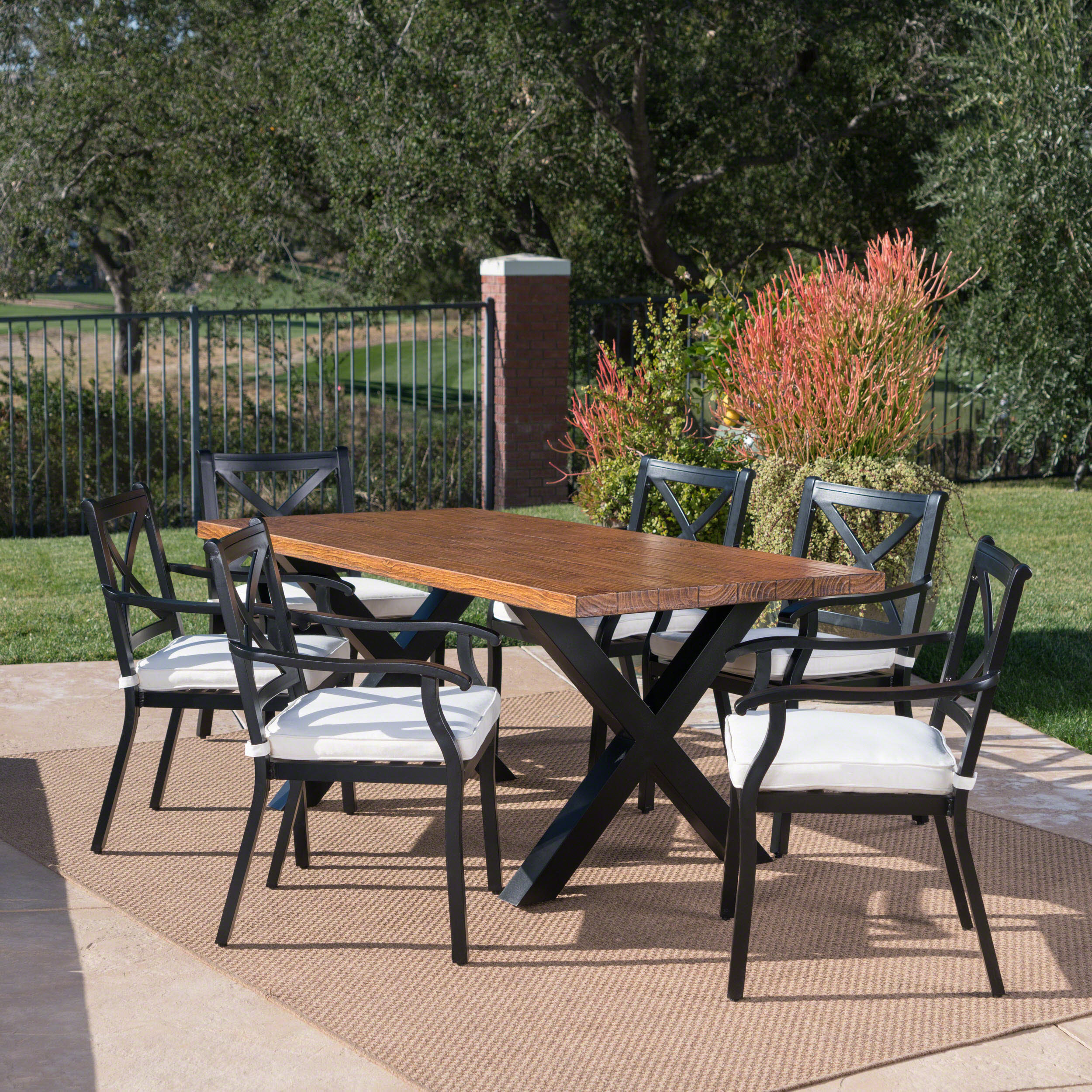 Irene Outdoor 7 Piece Black Aluminum Dining Set with Concrete Table