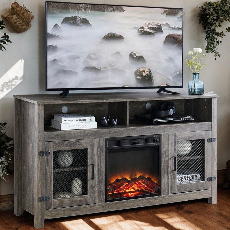 Modern Electric Fireplace TV Stand with Storage Cabinet and Adjustable Shelves for Living Room