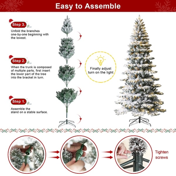 Glitzhome 7.5ft/9ft PreLit Flocked Slim Spruce Artificial Christmas Tree with Warm White Lights