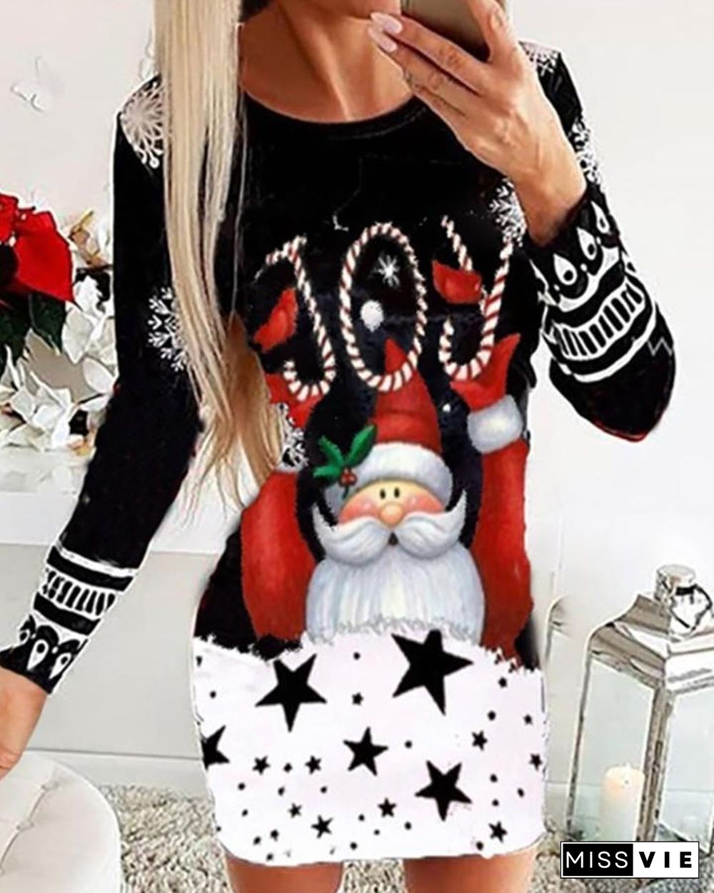 Christmas Mixed Print Long Sleeve Dress P10806