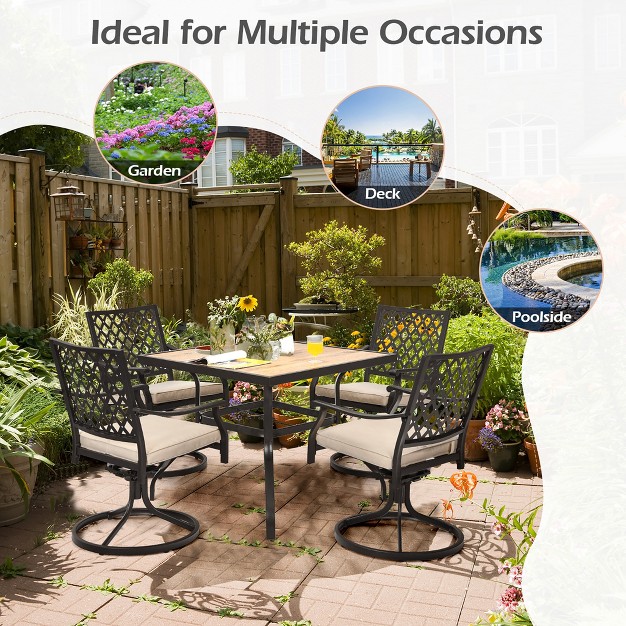 Costway 5pcs Patio Dining Set Square Table 4 Swivel Chair Rocker Cushioned Deck