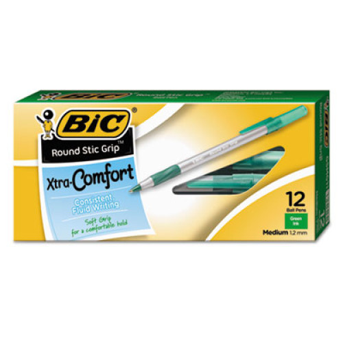 BIC Round Stic Grip Xtra Comfort Stick Ballpoint Pen， 1.2mm， Green Ink， Gray Barrel， Dozen (GSMG11GN)