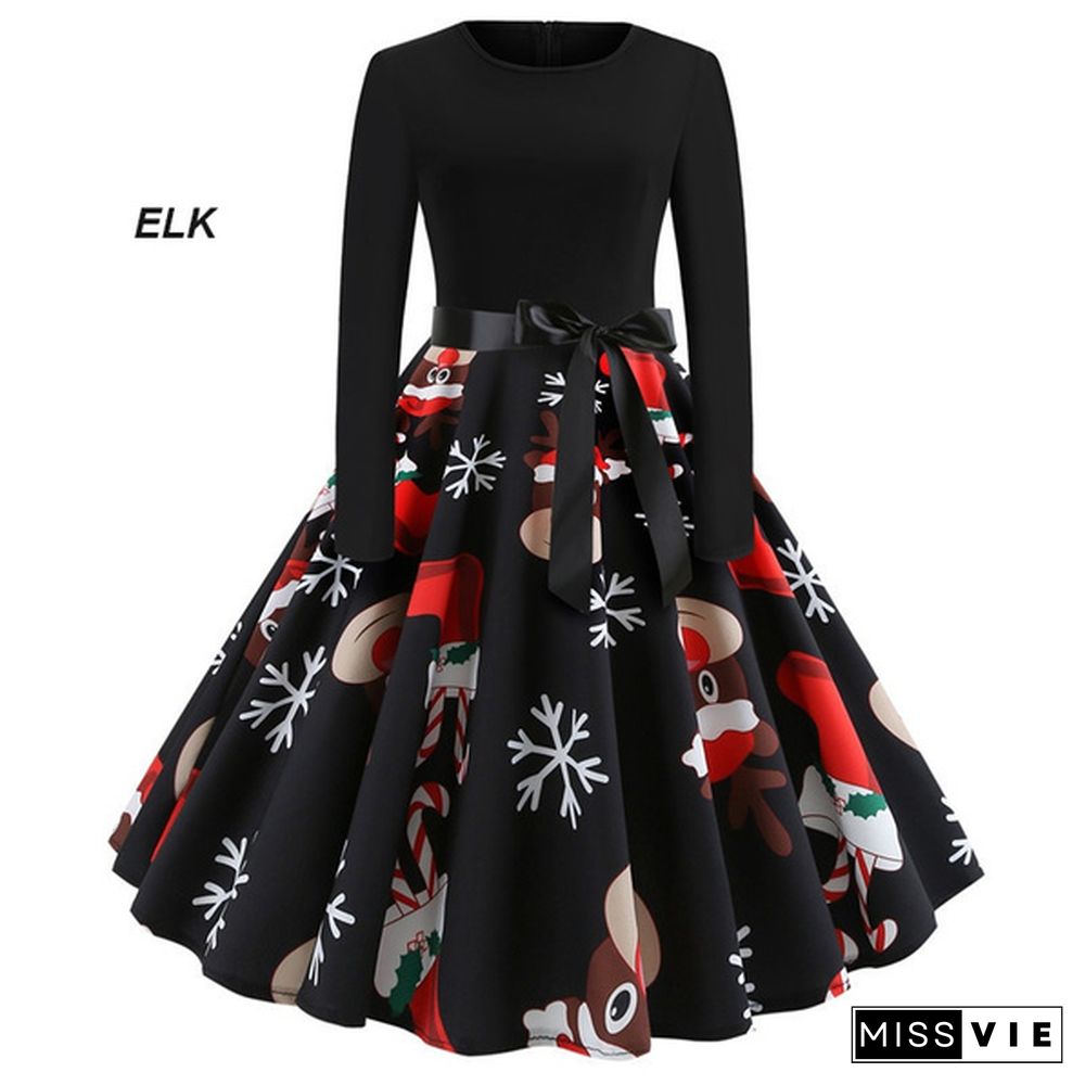 NEW Fashion Women Autumn and Winter Xmas Clothes Christmas Costume Casual Long Sleeve Halloween Print Flared Dress Party Dress