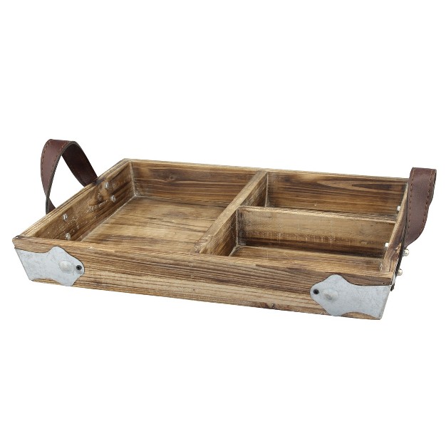 X 11 quot Rustic Divided Wood Tray With Leather Handles Brown Stonebriar Collection