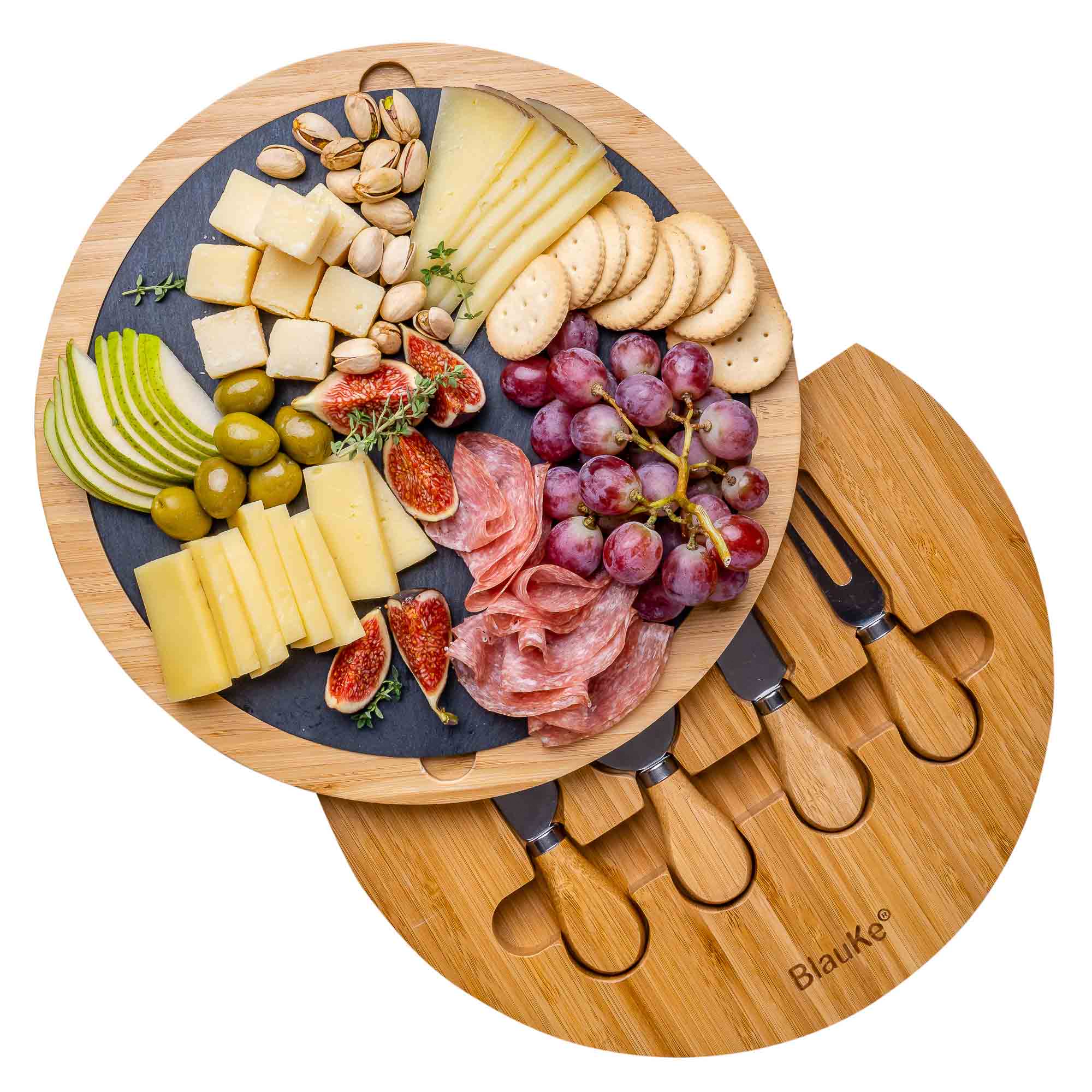 BlauKe® Bamboo Cheese Board with Knife Set and Slate – 12 inch Round Charcuterie Board， Serving Tray， Platter， Wood Cheese Board Set – Gift Idea