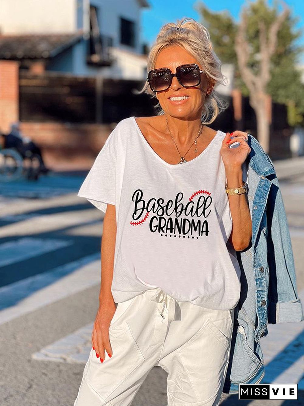 Baseball Grandma Print Loose Leisure T-Shirt