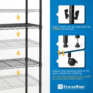 Fencer Wire Black 5-Tier Metal Garage Storage Shelving Unit with Leveling Feet and Wheels (30 in. W x 14 in. D x 62 in. H) RWW-CH30145WBK